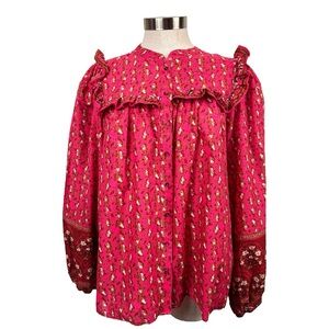 Joie Pink & Red Printed Long Sleeve‎ Button Down Blouse Size Large